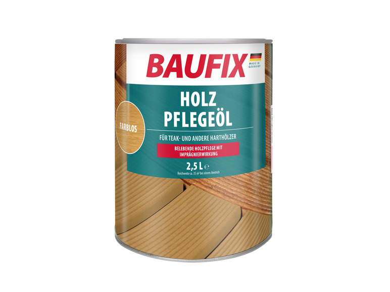 Een blik Baufix houtverzorgingsolie voor teak en hardhout.