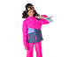 Kind in roze en blauw skipak, met ski's op de schouder.