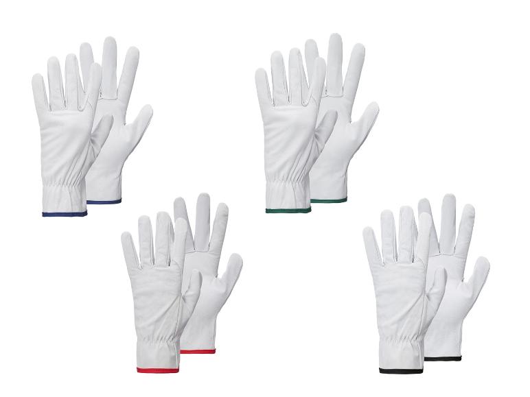 Leren werkhandschoenen met verschillende gekleurde manchetten.