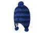 Blauw en marineblauw gestreepte gebreide wintermuts met drie pompons en oorflappen