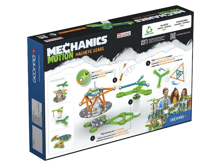 Doos voor een magnetisch tandwielconstructiespeelgoed, met bouwideeën en spelende kinderen.