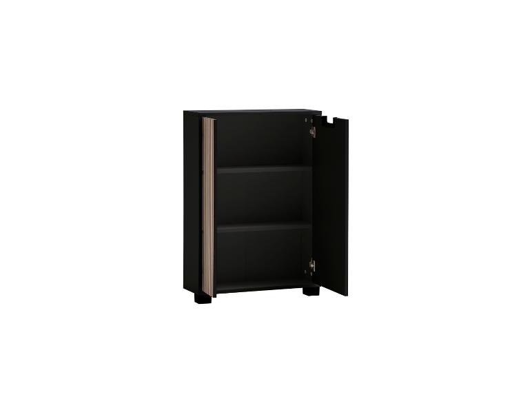 Zwarte kast met twee open deuren en interne planken