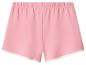 Roze sportshorts met elastische tailleband en witte biezen.