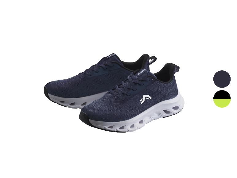 Een paar donkerblauwe sportschoenen met witte zool en zwarte accenten.