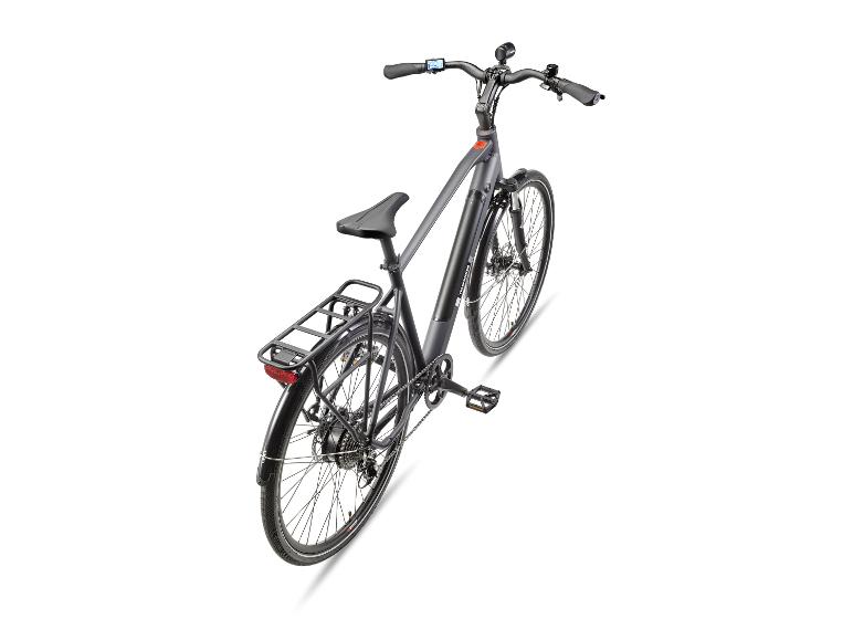 Grijze elektrische fiets met bagagedrager en display.