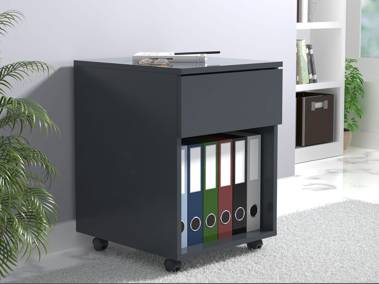 Een donkergrijze kast met een lade en ruimte voor ringbinders op wielen.