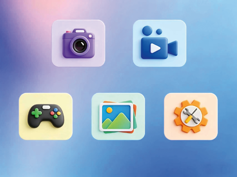 App-pictogrammen: camera, video, gamecontroller, foto's en instellingen.