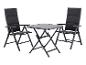 Bistroset voor buiten met twee donkergrijze klapstoelen en een vierkante klaptafel.