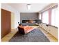 Woonkamer met oranje chaise longue, grijs vloerkleed en open haard.