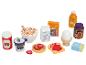 Houten ontbijtspeelgoed inclusief ontbijtgranen, melk, sap, yoghurt, toast, wafels en een ei.
