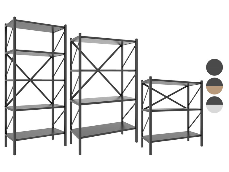 Drie zwarte metalen boekenkasten van verschillende hoogtes.
