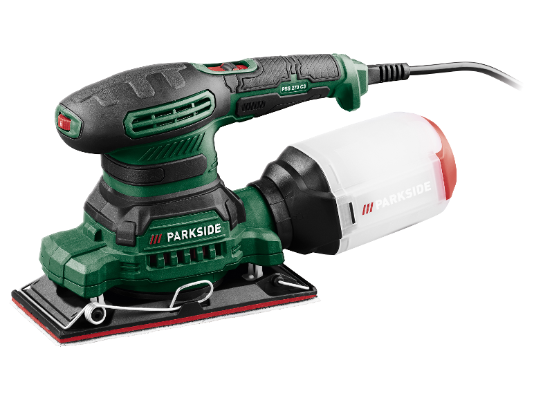 Parkside PSS 270 C3 schuurmachine met stofopvangbak.