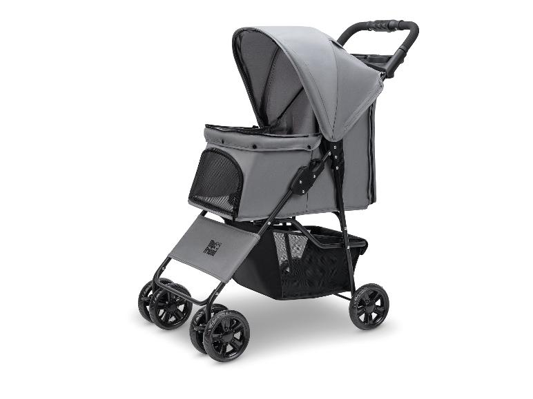 Grijze huisdierenbuggy met zonnekap en een gaasmand.