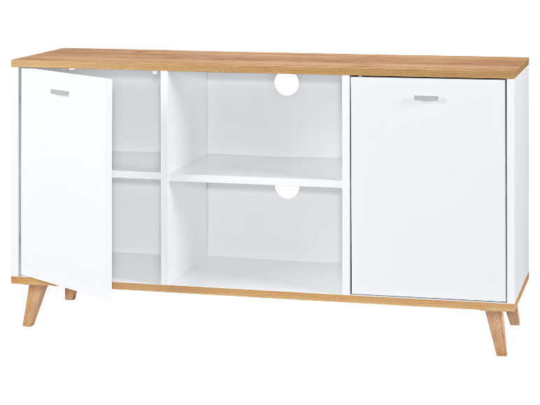 Wit en lichtbruin tv-meubel met twee deuren en open planken, met kabelgaten.