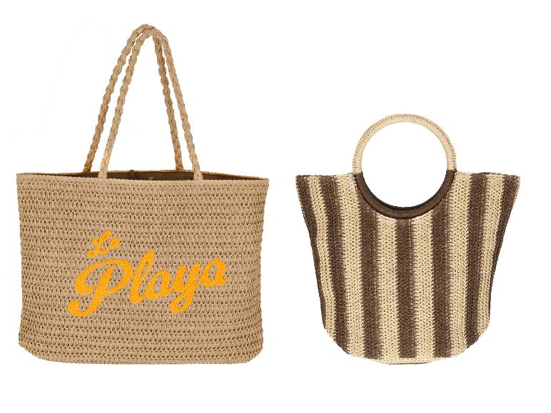 Twee strooien strandtassen: een grote beige shopper met 'La Playa' en een kleine gestreepte bruine tas.