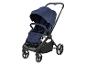 Een blauwe kinderwagen met een zwarte frame en wielen.