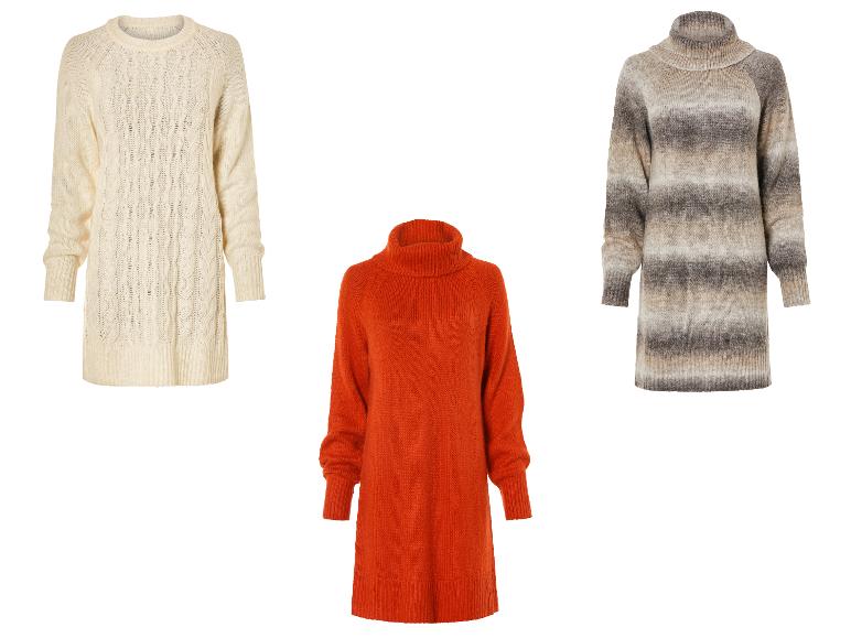 Drie damestruien: een crèmekleurige met kabelbrei, een oranje en een gestreepte bruine.