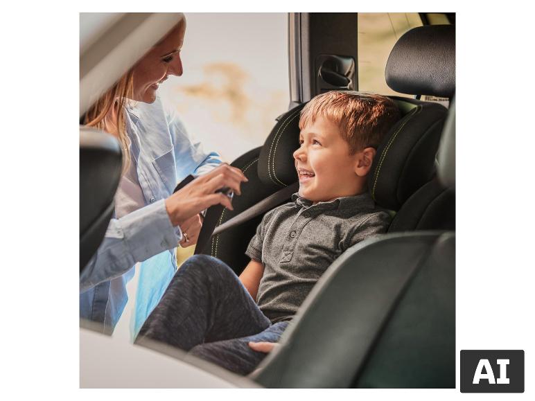 Kind in het BABYGO Freemove I-Size autostoeltje terwijl moeder het vastgespt. [AI-gegenereerde afbeelding]