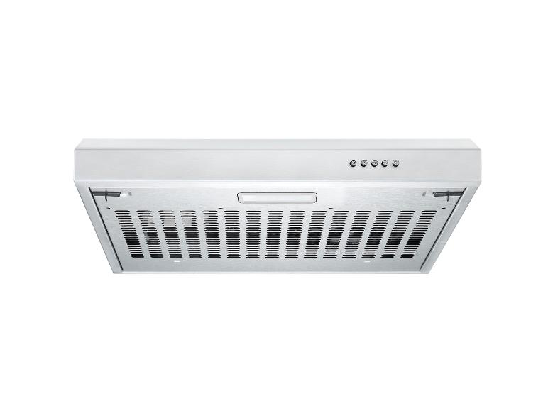 Roestvrijstalen afzuigkap met bedieningsknoppen en ventilatieroosters.