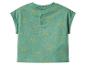 Groen baby T-shirt met gele zonneprint en knoopsluiting op de rug.
