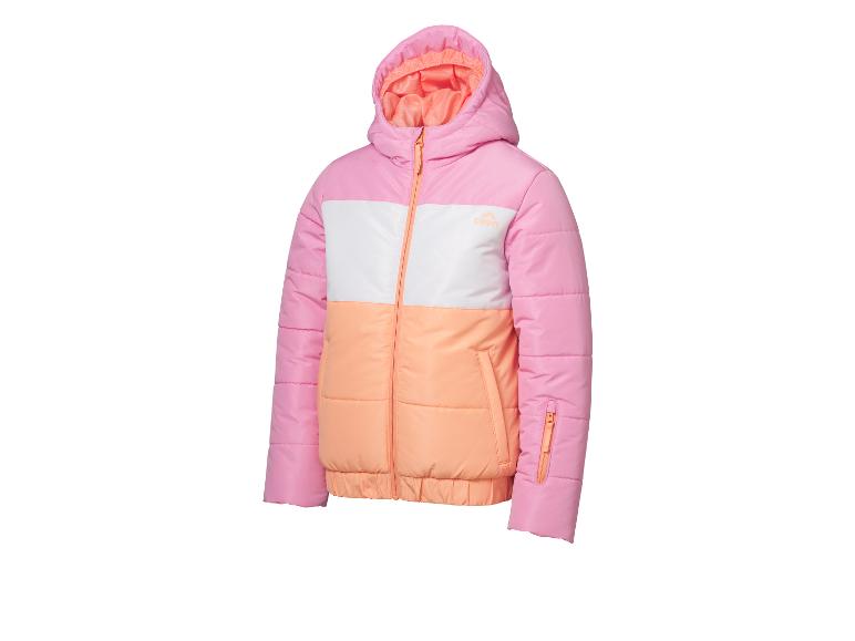 Kinderwinterjas in roze, wit en oranje met capuchon.