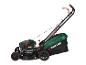 Groene en zwarte Parkside benzinemaaier met stoffen opvangbak.