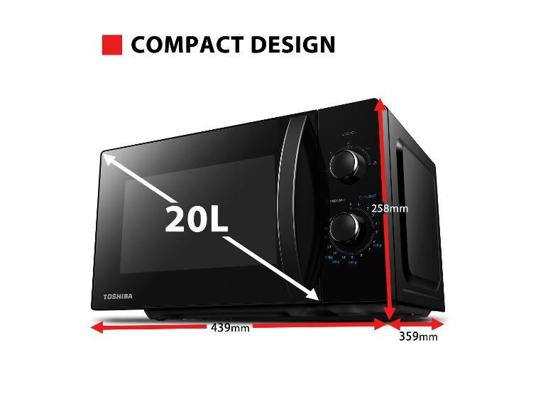 Compacte zwarte 20L magnetron met afmetingen van 439x258x359mm.
