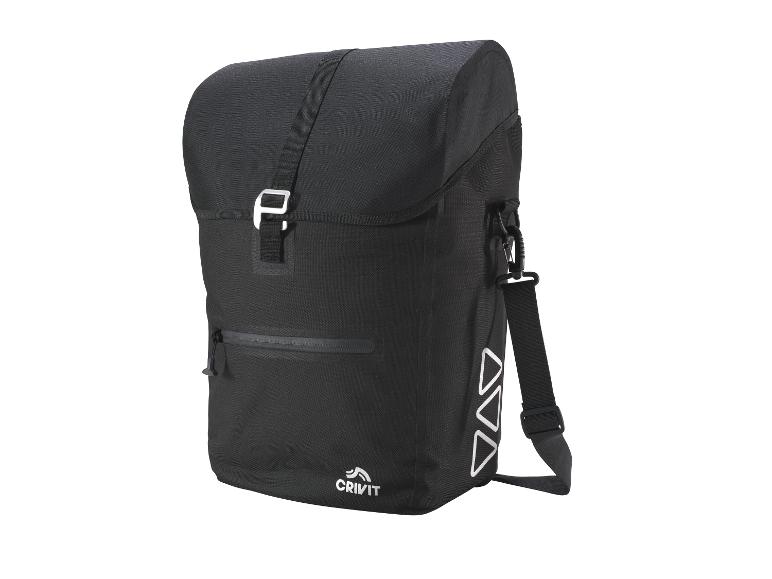 Zwarte CRIVIT fietstas met gespsluiting en reflecterende details.