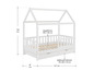 Wit houten kinderbed met een huisvormig hoofdeinde en twee lades.