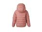 Roze gewatteerde kinderjas met capuchon en een bloemvormig reflecterend detail op de rug.