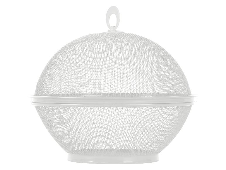 Witte metalen mand en voedselkap.