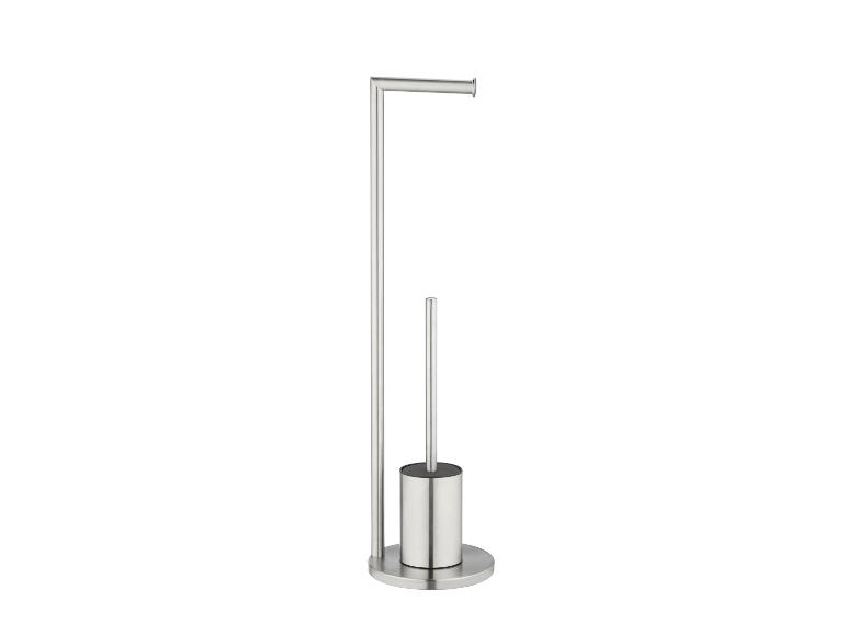 Moderne toiletrolhouder en toiletborstelhouder van roestvrij staal.