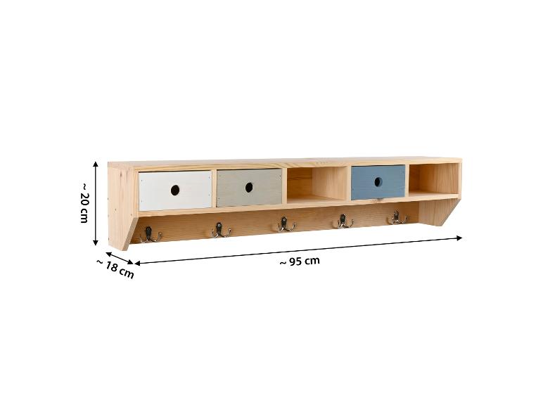Houten wandplank met drie lades in wit, grijs en blauw, en vijf metalen haken, met afmetingen.