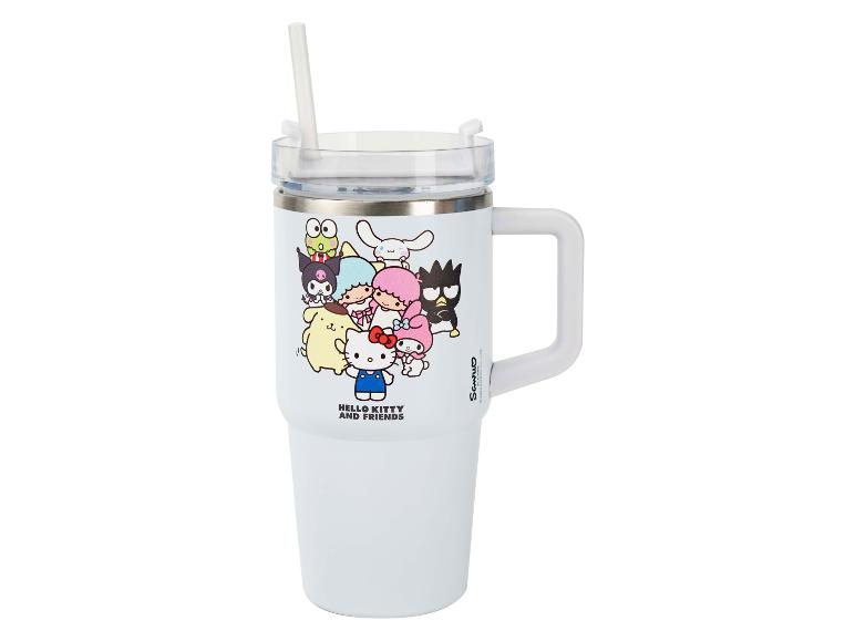 Witte beker met handvat en rietje, versierd met stripfiguren en de tekst 'HELLO KITTY AND FRIENDS'.