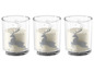 Drie glazen kaarsen met een rendiermotief voor kerst.