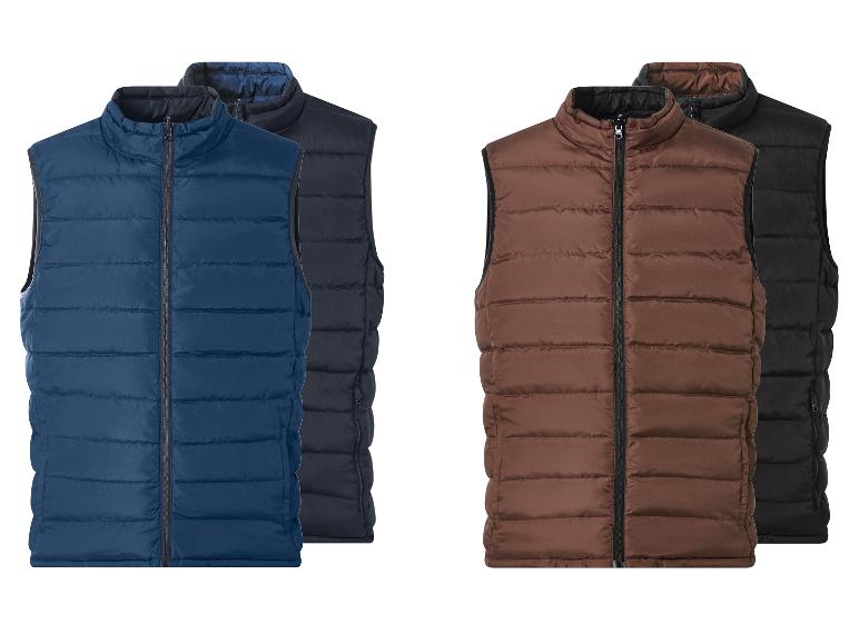 Gewatteerde bodywarmers in blauw, bruin en zwart.