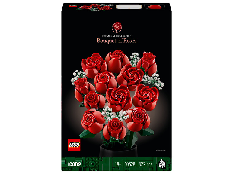 Een doos met LEGO Icons Bouquet of Roses, een bouwset van 822 stukjes met rode rozen.