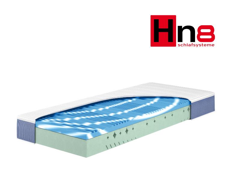 Hn8 Schlafsysteme matras met doorsnede die de comfort- en ondersteuningslagen toont.