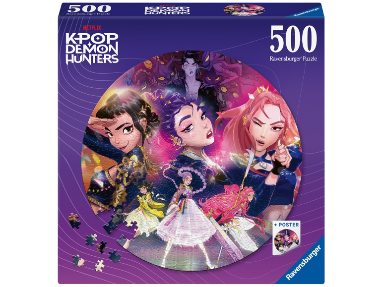 Ronde legpuzzel van 500 stukjes met K-Pop Demon Hunters-personages op een paarse doos.