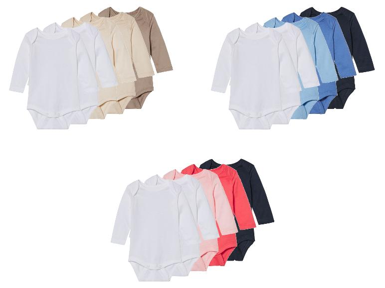 Baby's longsleeve rompers in wit, beige, blauw en roze.