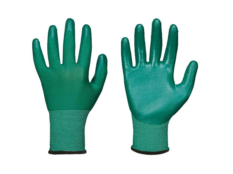 Twee groene tuinhandschoenen, één met de handpalm naar voren en één met de rug naar voren.