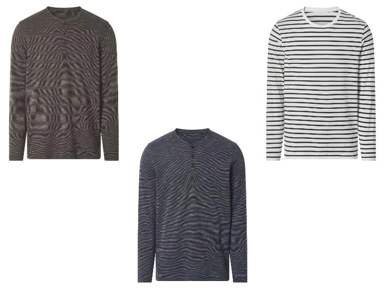 Twee heren Henley-shirts met lange mouwen in donkergrijs en blauw, en een wit-zwart gestreept shirt met lange mouwen.