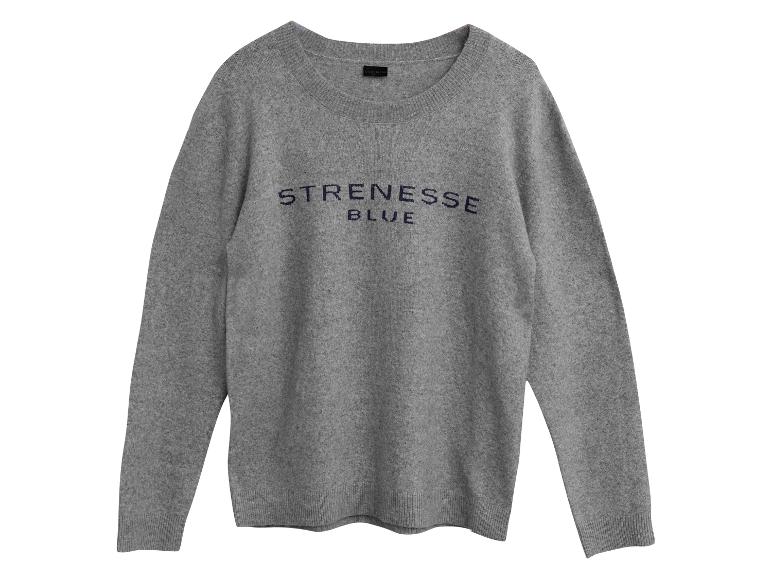 Grijze trui met ronde hals en geborduurd „STRENESSE BLUE“-logo.