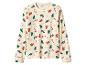 Crèmekleurige top met lange mouwen en een feestelijk patroon van peperkoekmannetjes, kerstbomen, zuurstokken en hulst.