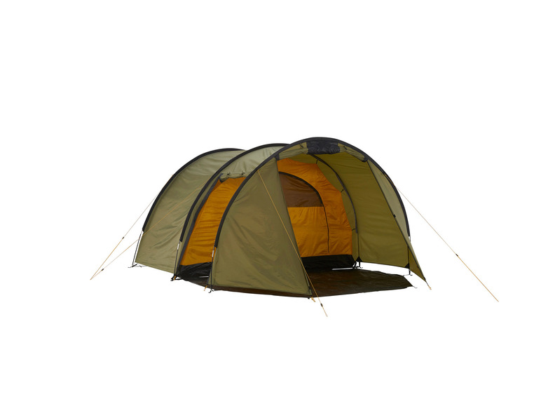 Een groene campingtent met een gele binnenkant