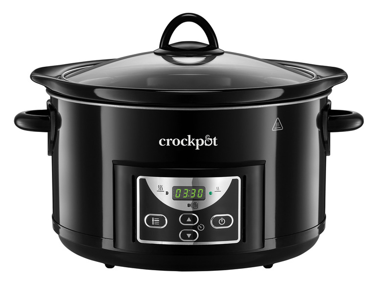 Een zwarte slowcooker van Crock-Pot met een glazen deksel.