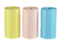 Drie rollen papier in geel, roze en blauw.
