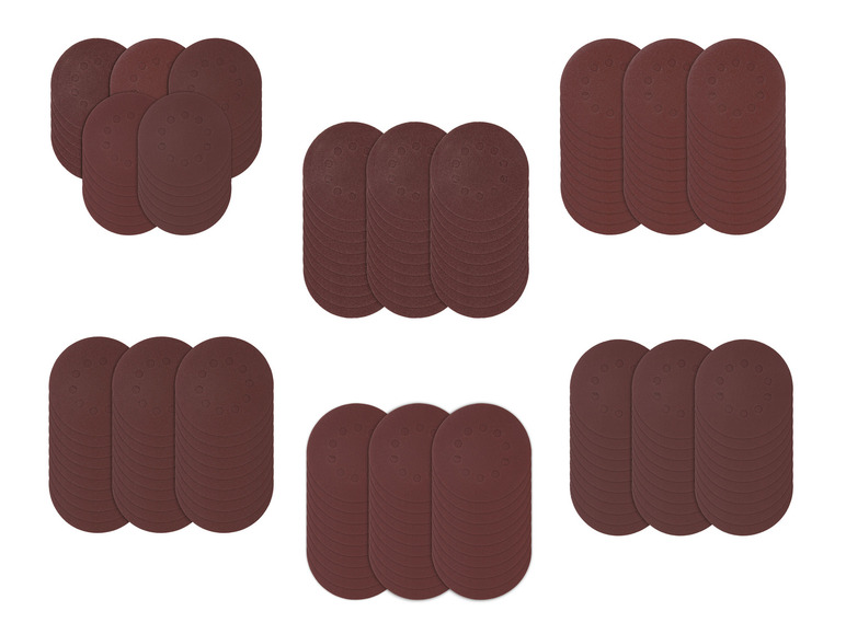 Zes stapels ronde schuurpapier met gaten.