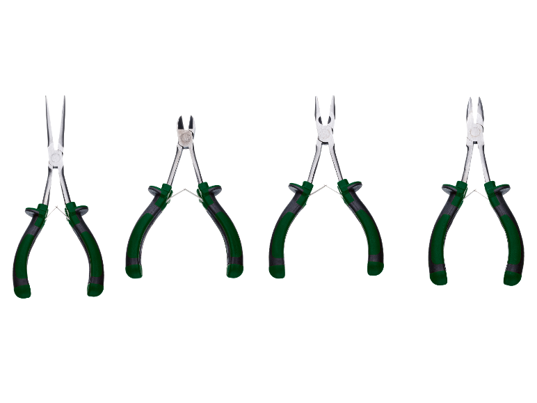 Vier tangen met groene handvatten op een witte achtergrond.