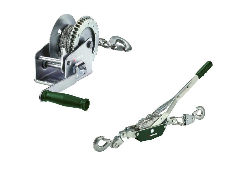 Handlier en kabeltrekker met groene handvatten op een witte achtergrond.